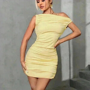 Yellow Preppy Womens Asymmetrical Neck Ruched Bodycon Dress